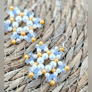 Hand Crafted Gold and White Beaded Earrings